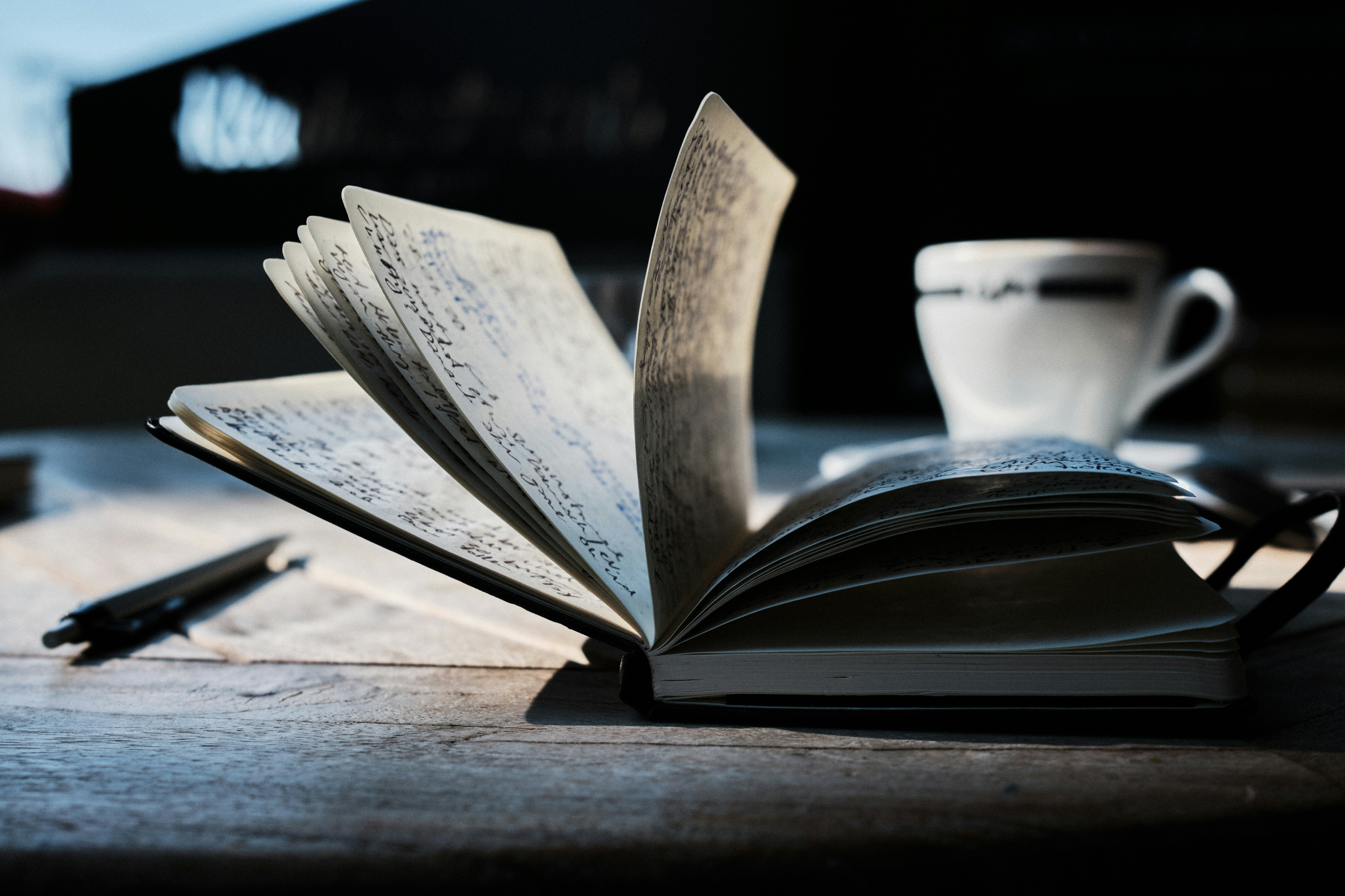 Carnet manuscrit ouvert ambiance sombre